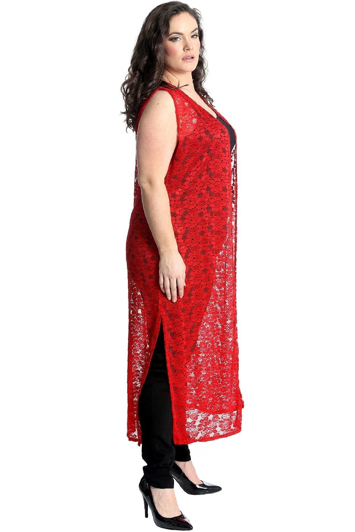 Red Floral Lace Open Top Cardigan For Women 16 - Dropwear