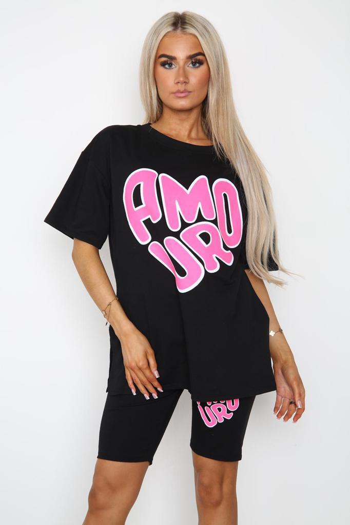 Hot Pink Amour Side Slit Cycling Short and T-Shirts Co-Ord Two Piece Set with Front Amour Slogan For Women ONE SIZE UK FIT (UPTO 14) - Dropwear