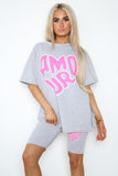 Jade Green Amour Side Slit Cycling Short and T-Shirts Co-Ord Two Piece Set with Front Amour Slogan For Women ONE SIZE UK FIT (UPTO 14) - Dropwear