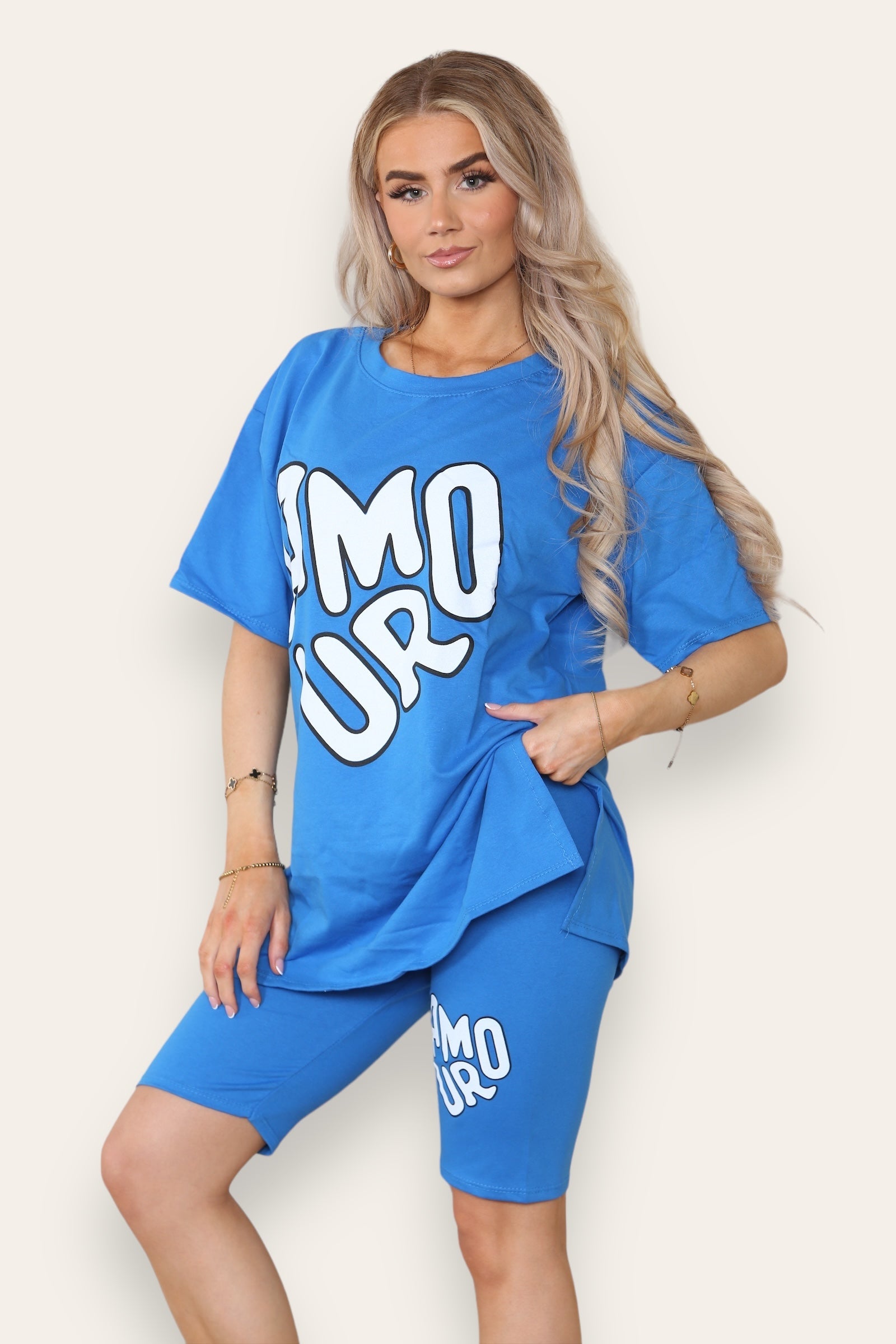 Amour Side Slit Cycling Short and T-Shirts Co-Ord Two Piece Set with Front Amour Slogan For Women  - Dropwear