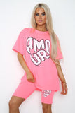 Dusty Pink Amour Side Slit Cycling Short and T-Shirts Co-Ord Two Piece Set with Front Amour Slogan For Women ONE SIZE UK FIT (UPTO 14) - Dropwear