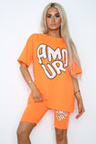 Orange Amour Side Slit Cycling Short and T-Shirts Co-Ord Two Piece Set with Front Amour Slogan For Women ONE SIZE UK FIT (UPTO 14) - Dropwear