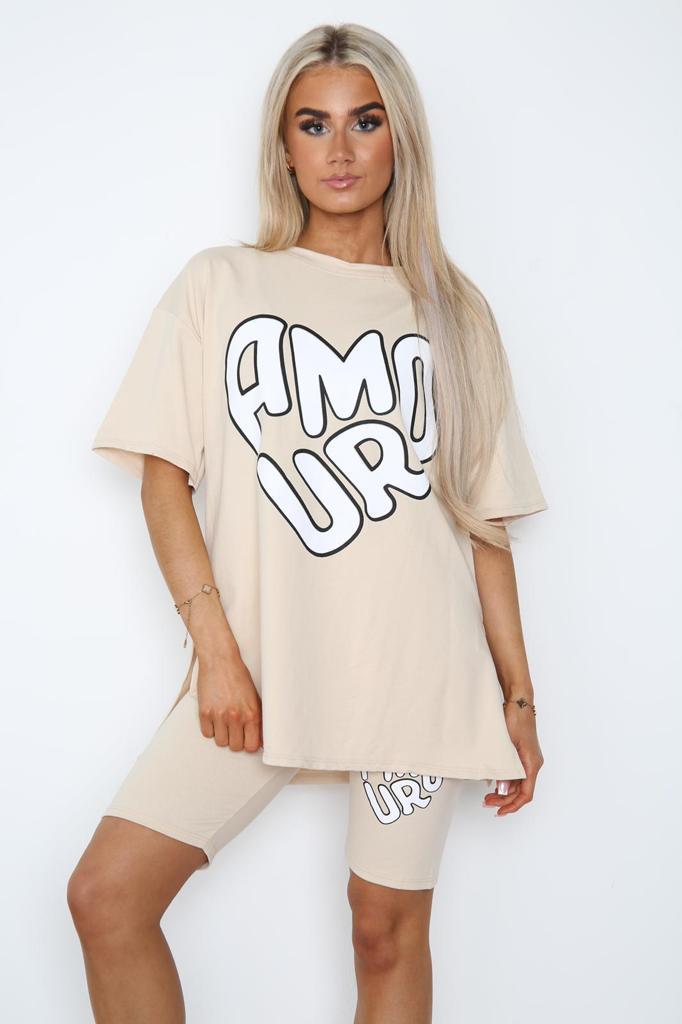 Royal Blue Amour Side Slit Cycling Short and T-Shirts Co-Ord Two Piece Set with Front Amour Slogan For Women ONE SIZE UK FIT (UPTO 14) - Dropwear