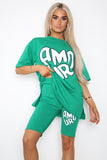 Sky Blue Amour Side Slit Cycling Short and T-Shirts Co-Ord Two Piece Set with Front Amour Slogan For Women ONE SIZE UK FIT (UPTO 14) - Dropwear
