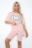 Sage Green Amour Side Slit Cycling Short and T-Shirts Co-Ord Two Piece Set with Front Amour Slogan For Women ONE SIZE UK FIT (UPTO 14) - Dropwear