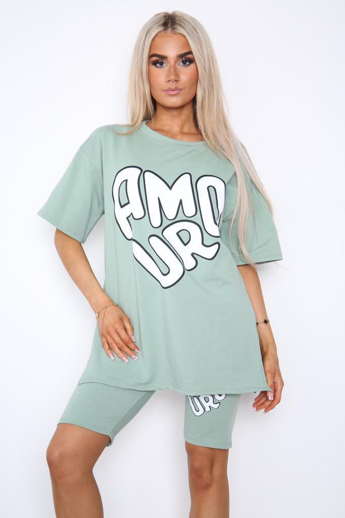 Grey Amour Side Slit Cycling Short and T-Shirts Co-Ord Two Piece Set with Front Amour Slogan For Women ONE SIZE UK FIT (UPTO 14) - Dropwear