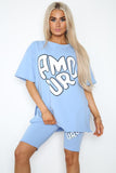 Black Amour Side Slit Cycling Short and T-Shirts Co-Ord Two Piece Set with Front Amour Slogan For Women ONE SIZE UK FIT (UPTO 14) - Dropwear