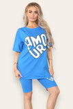 Amour Side Slit Cycling Short and T-Shirts Co-Ord Two Piece Set with Front Amour Slogan For Women  - Dropwear
