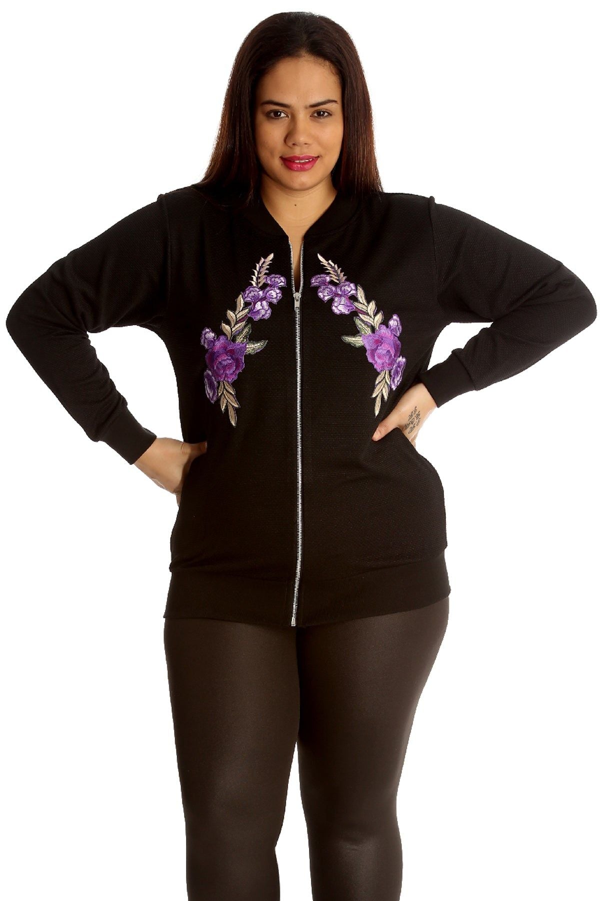 Black Purple Floral Embroidered Quilted Bomber Jacket For Women 14 - Dropwear