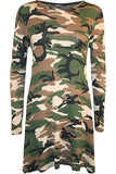 Plus Size Army Print Long Sleeve Swing Dress Top For Women  - Dropwear