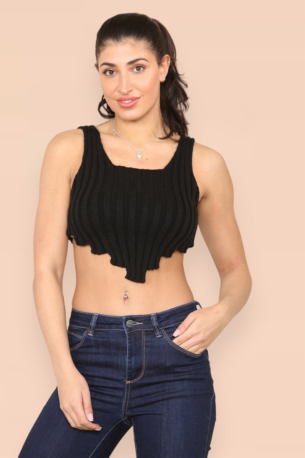 Beige Asymmetric Imogen Hem Knitted Vest Crop Top For Women ONE SIZE (8-14) - Dropwear