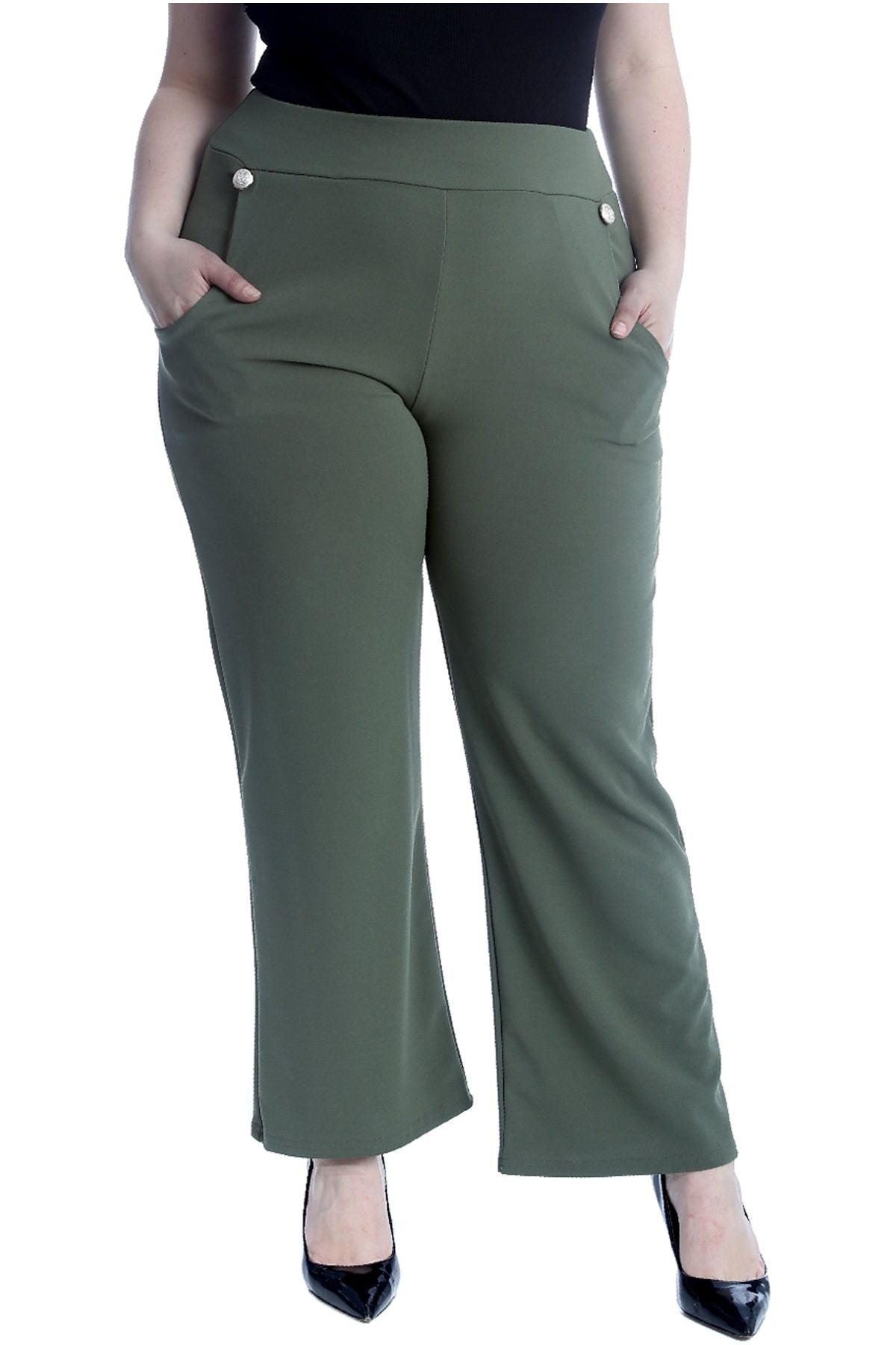 Plus Button Embellished Pocket Palazzo Trousers For Women  - Dropwear