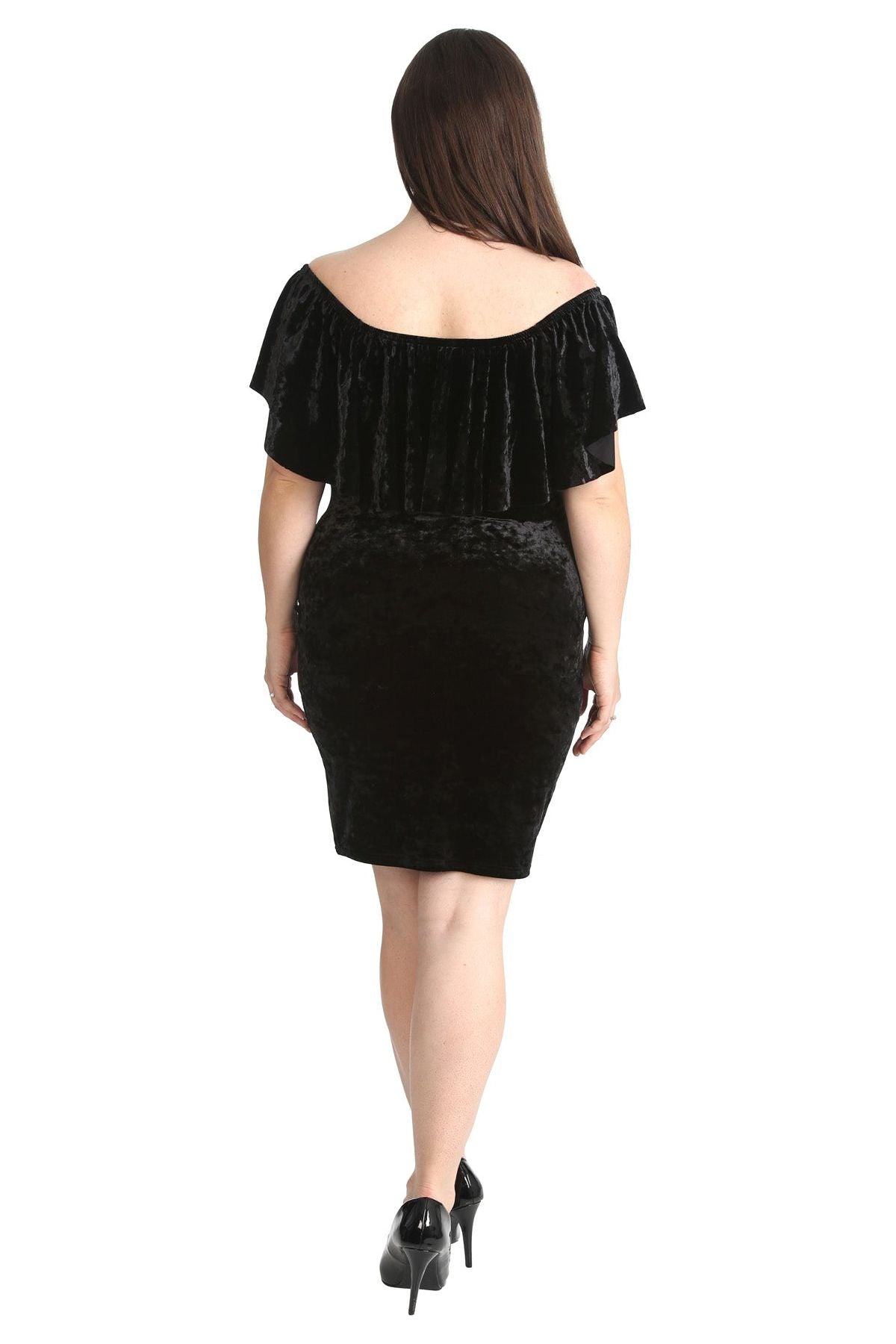 Black Plus Size Velvet Frill Top Midi Dress For Women 18 - Dropwear
