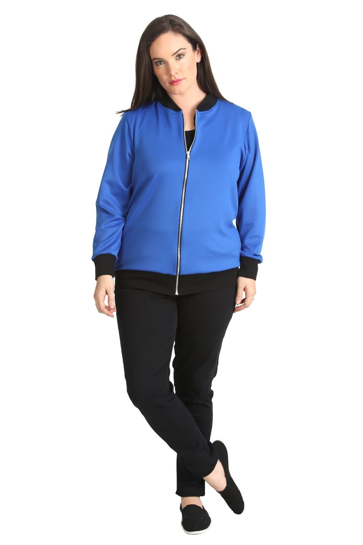 Light Blue Plain Bomber Jacket Sleeve Top For Women 14 - Dropwear