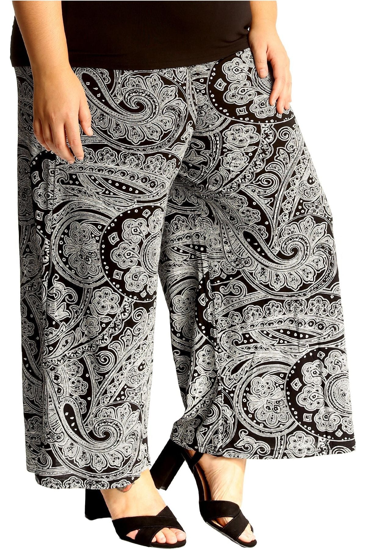 Black Plus Size Big Paisley Print Palazzo Trouser For Women 20-22 - Dropwear