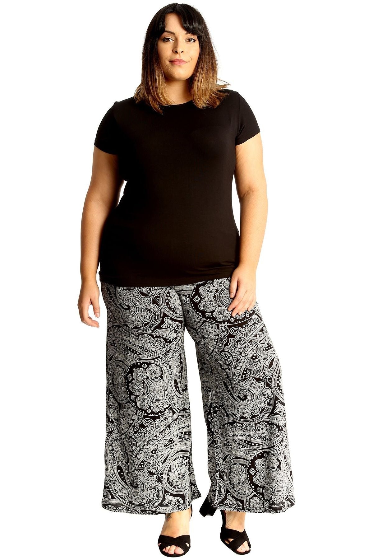 Black Plus Size Big Paisley Print Palazzo Trouser For Women 24-26 - Dropwear