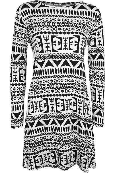 Big Aztec Plus Size Big Aztec Print Long Sleeve Swing Dress Top For Women 20-22 - Dropwear