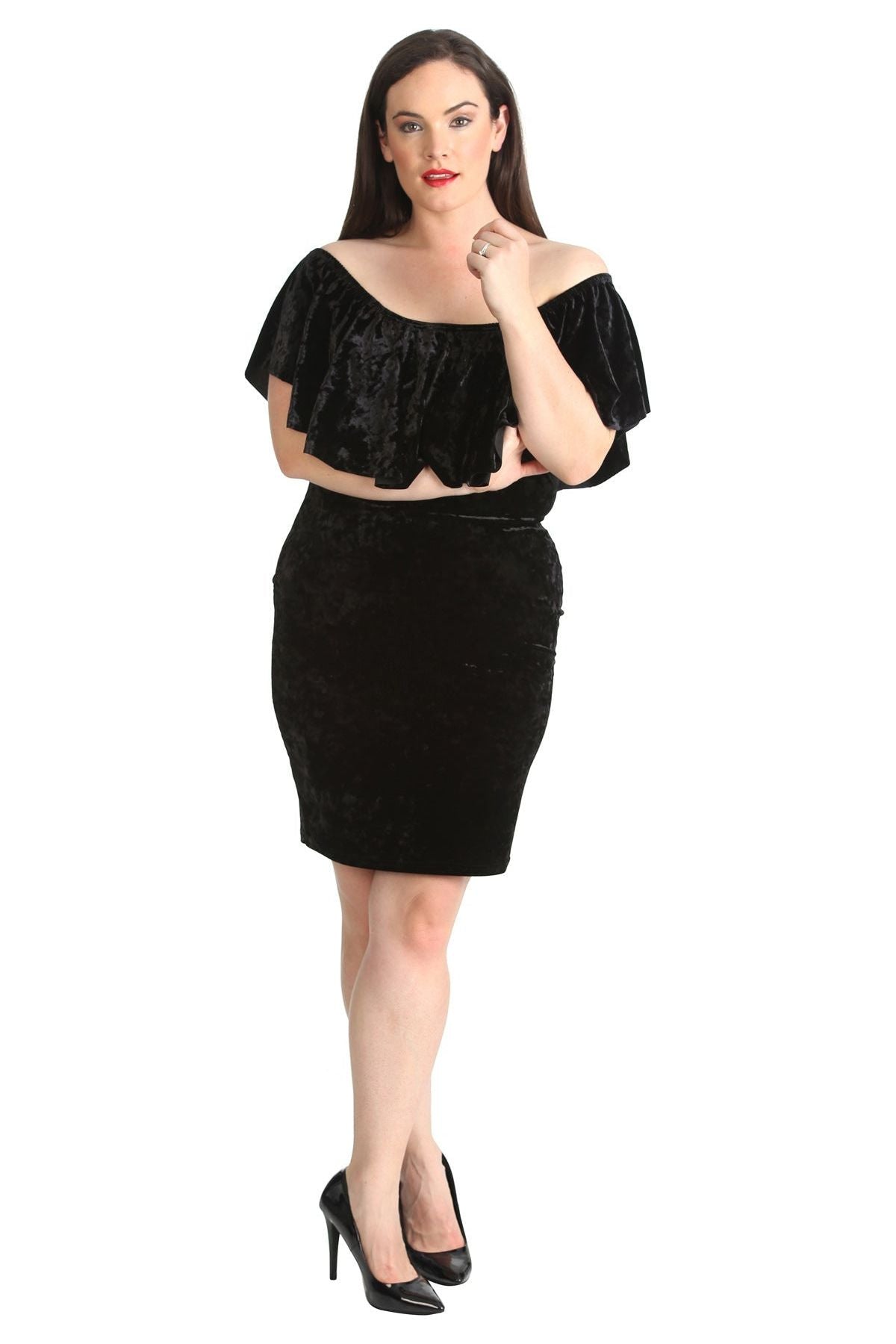 Black Plus Size Velvet Frill Top Midi Dress For Women 16 - Dropwear