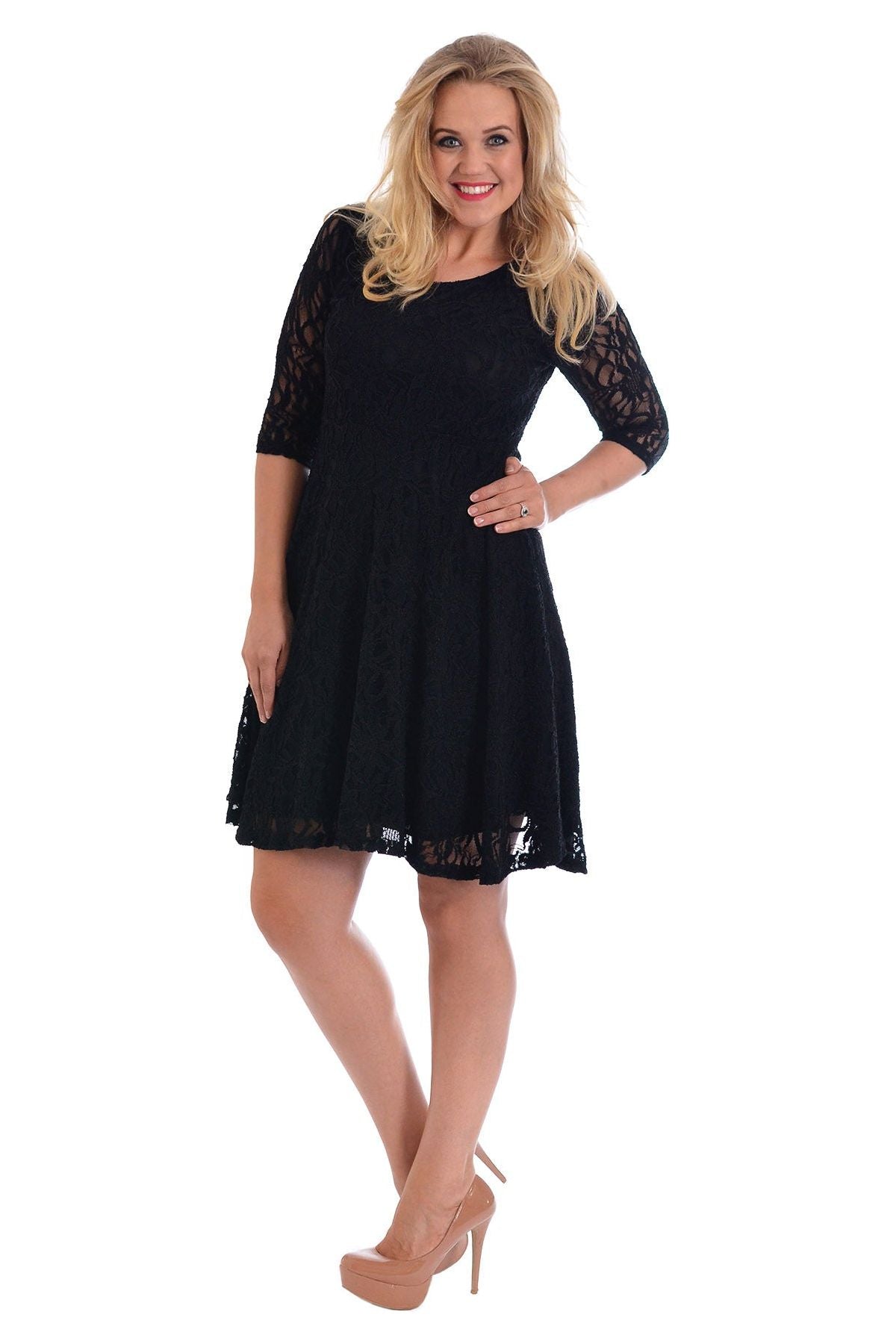 Black Plus size 3/4 Sleeve Ladies Skater Dress For Women 18 - Dropwear