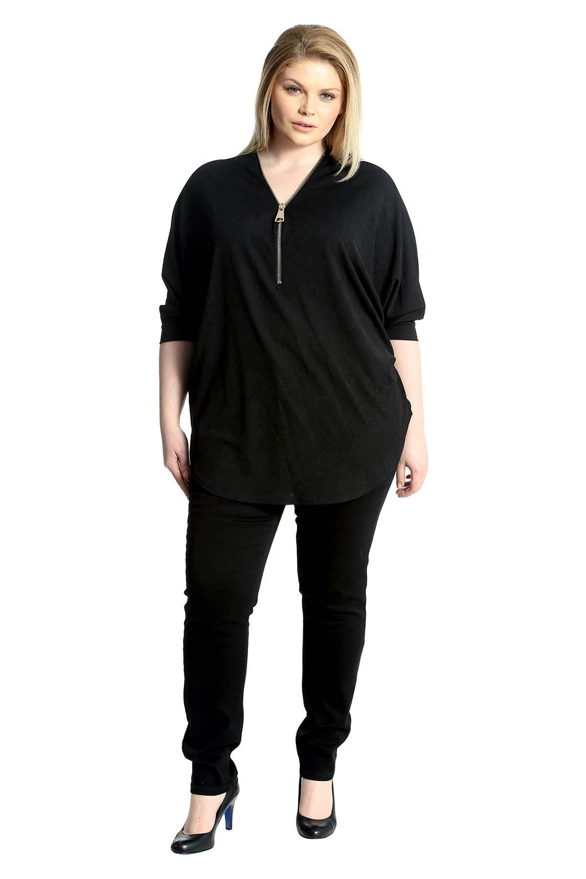 Zip Curved Hem V-Neck Batwing Sleeve Top For Women  - Dropwear