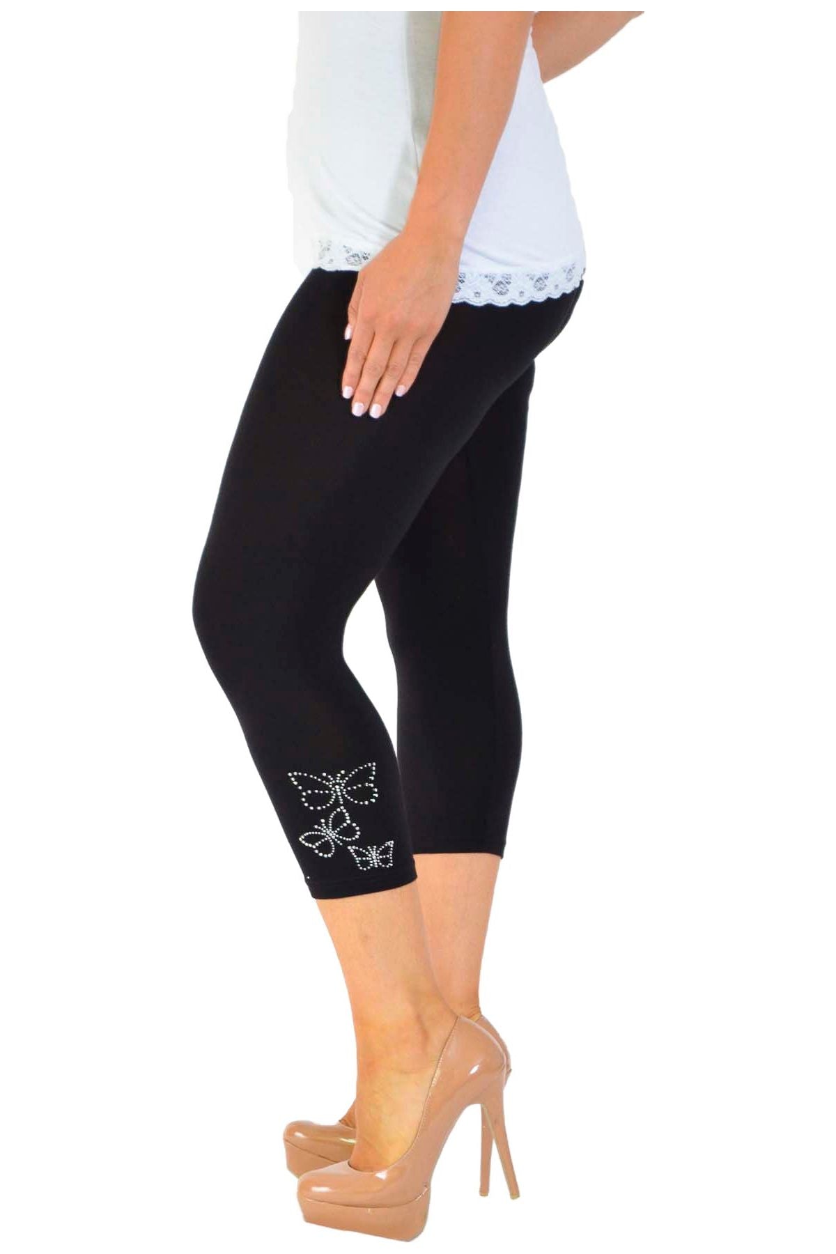 Black Plus Size 3/4 Butterfly Sequin Leggings For Women 20-22 - Dropwear