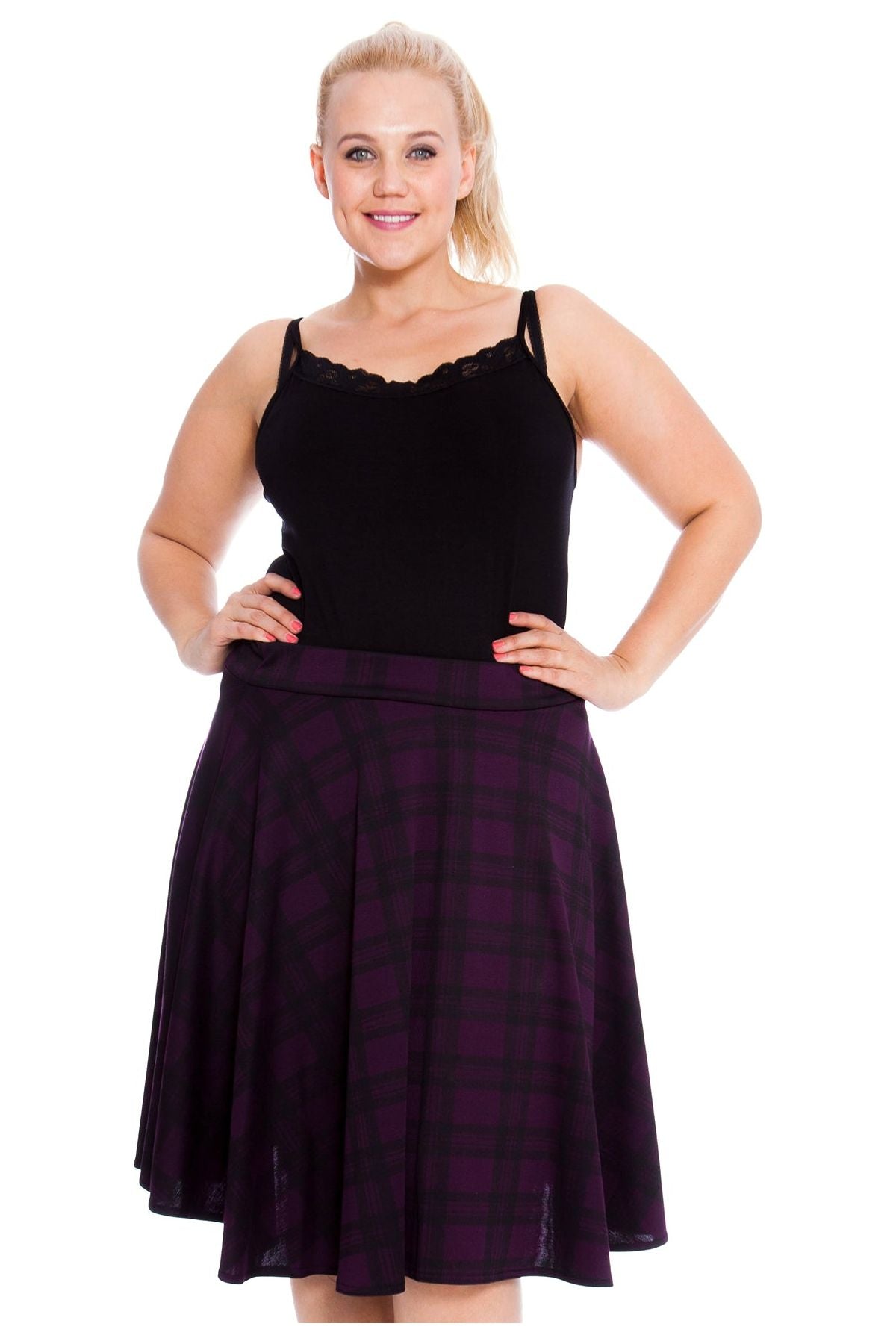 Charcoal Tartan Flared Elastic Waist Skater Skirt For Women 20 - Dropwear
