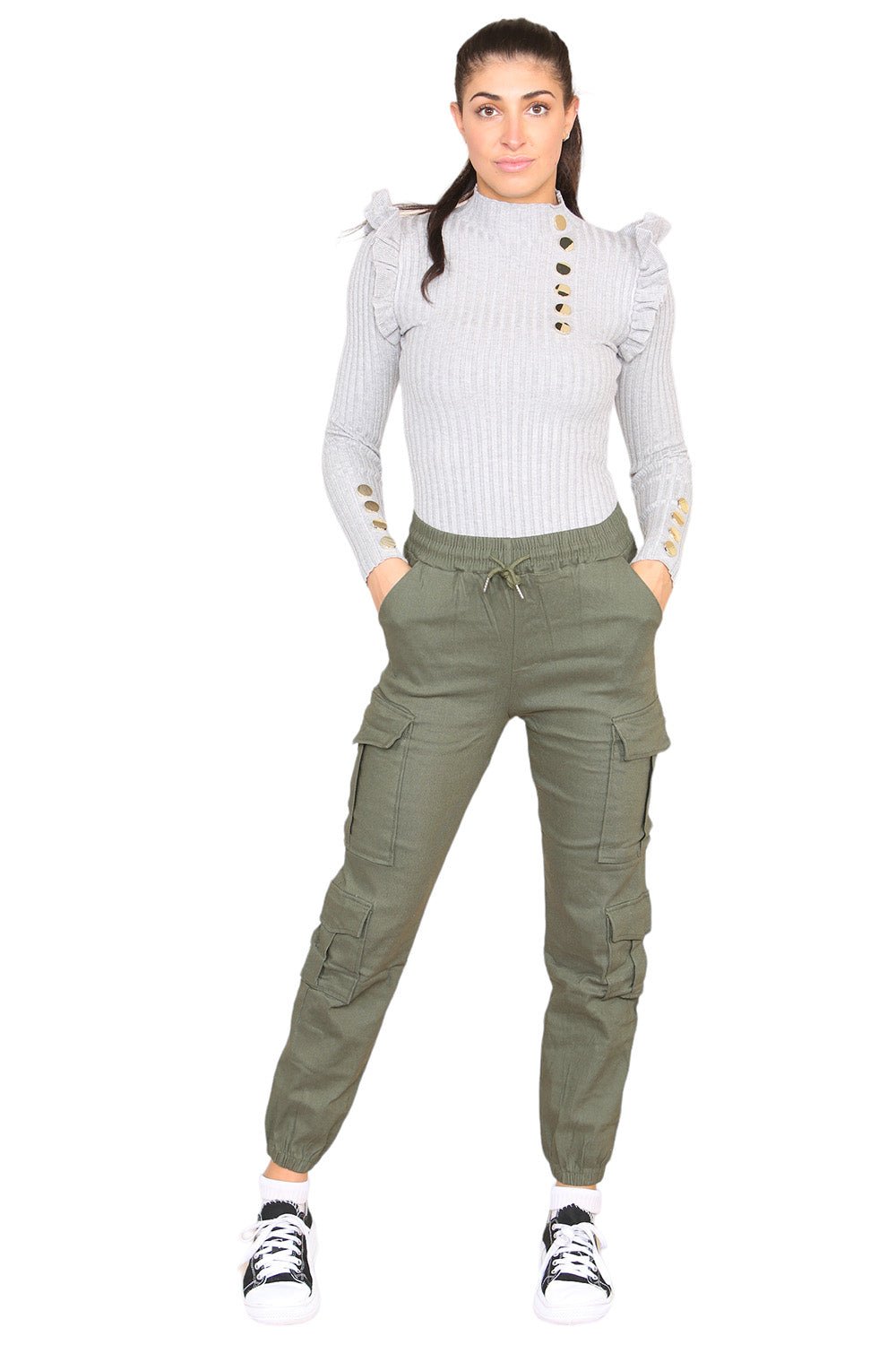 Beige Cargo Pockets Pants Women High Waist Cropped Slim Fit Trouser For Women S/M - Dropwear