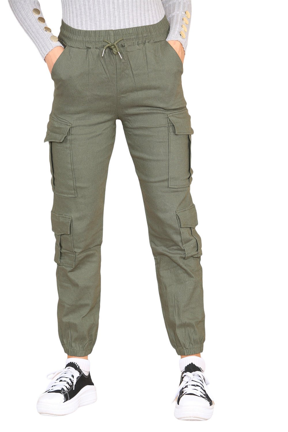 Khaki Cargo Pockets Pants Women High Waist Cropped Slim Fit Trouser For Women S/M - Dropwear