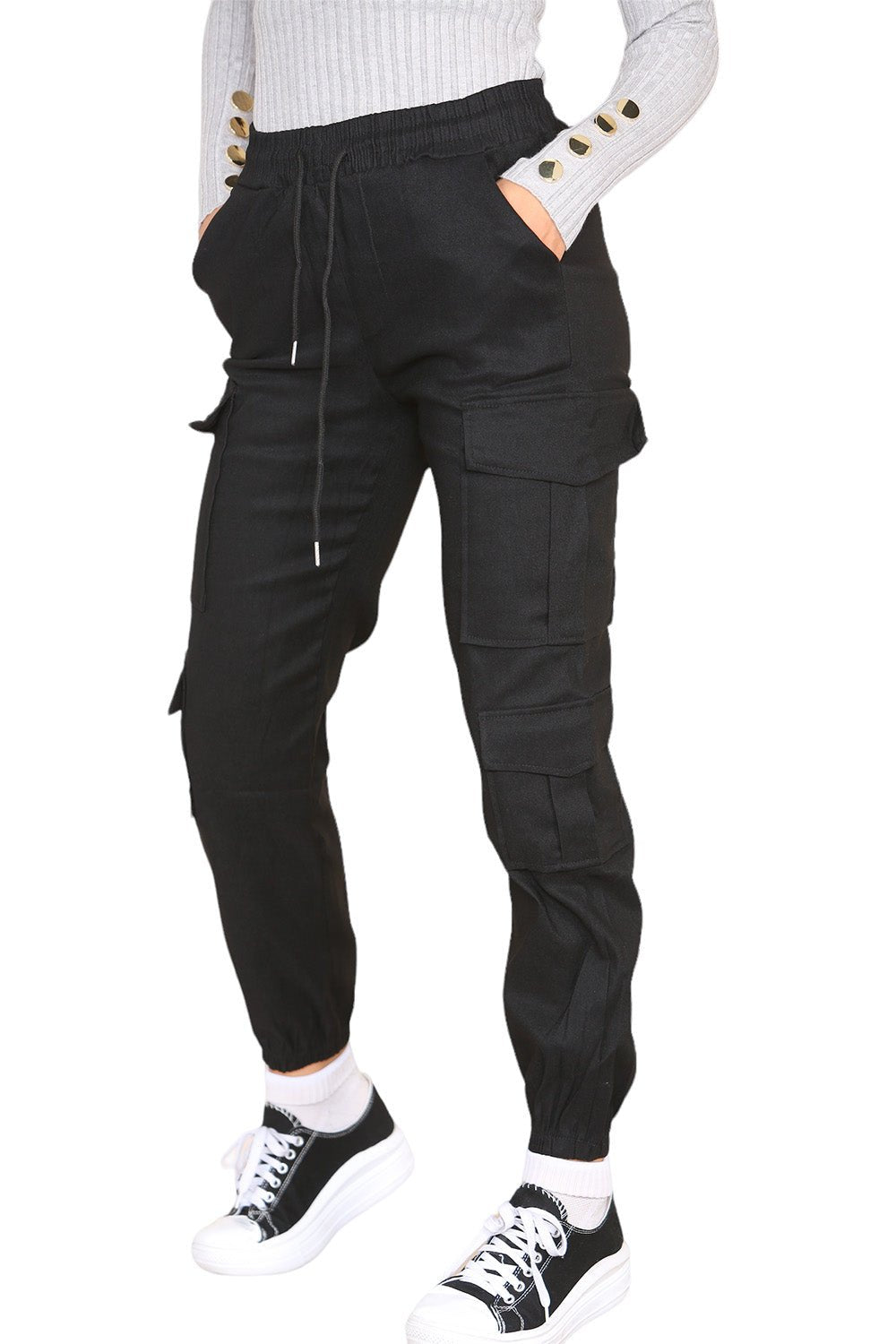 Cargo Pockets Pants Women High Waist Cropped Slim Fit Trouser For Women  - Dropwear