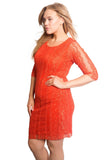 Cerise Floral Lace Lined 3/4 Sleeve Dress For Women 22-24 - Dropwear