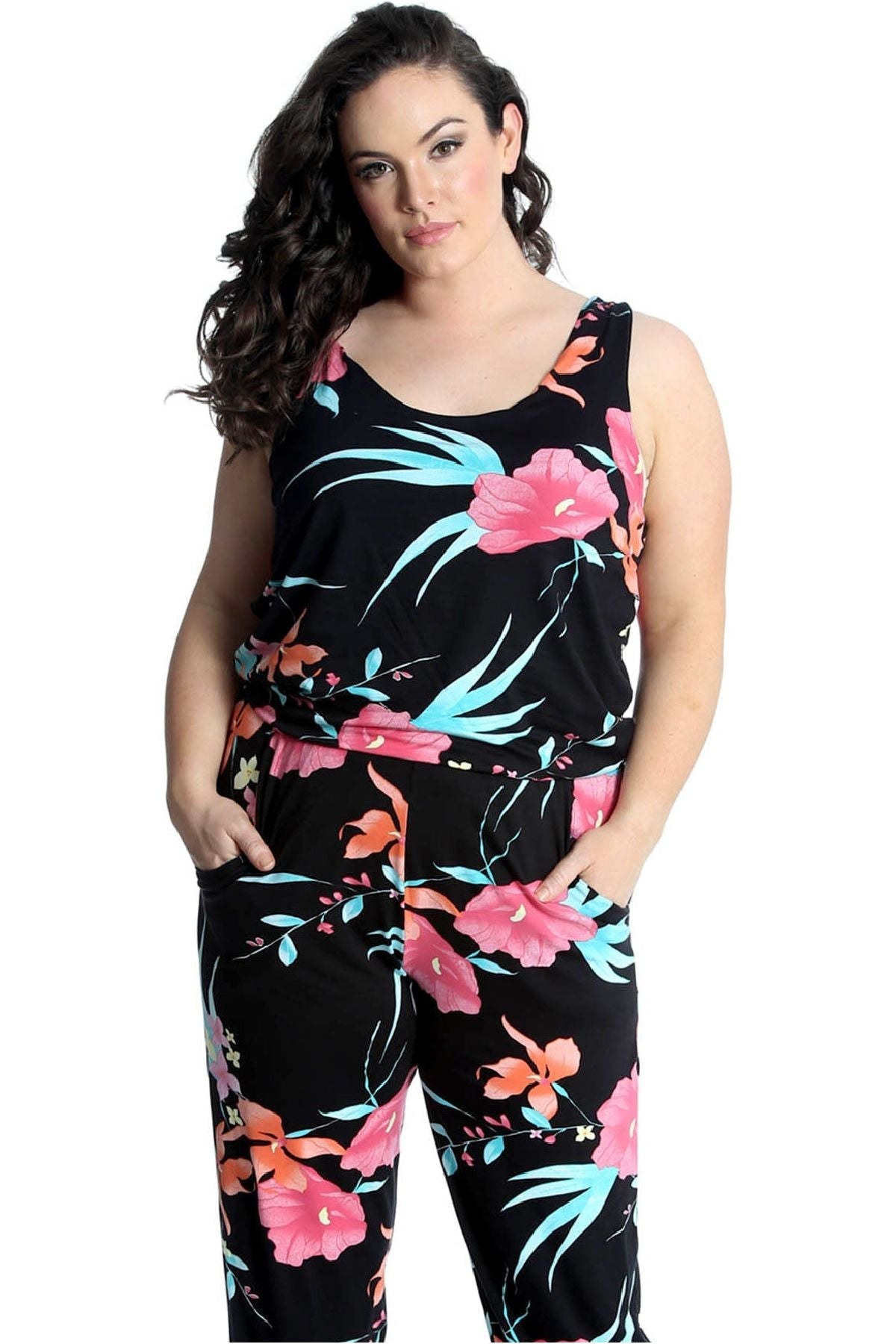 Black Plus Size Trouser Sleeveless Scoop Neck Floral Print Jumpsuit For Women 14 - Dropwear