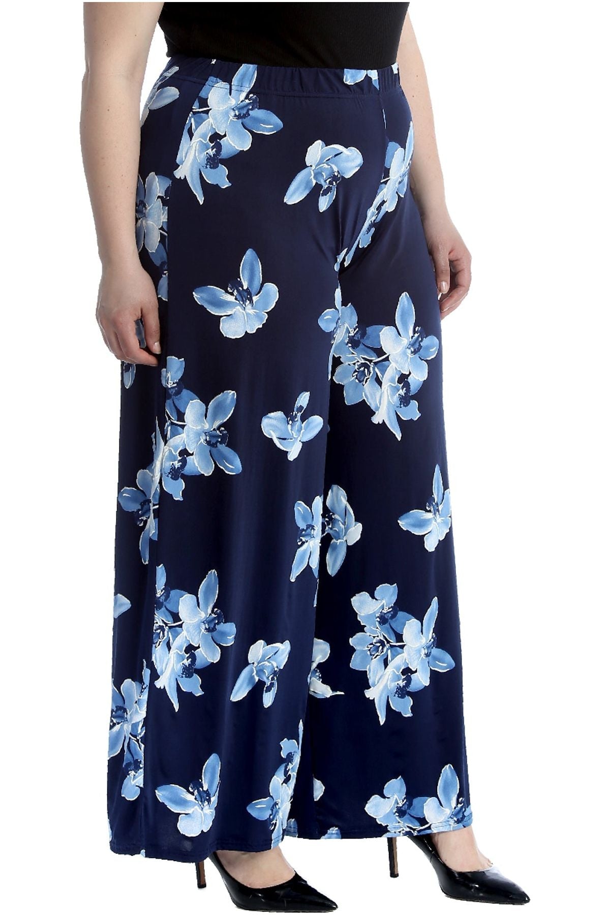 Black Purple Plus Size Floral Print Palazzo Trouser For Women 16-18 - Dropwear