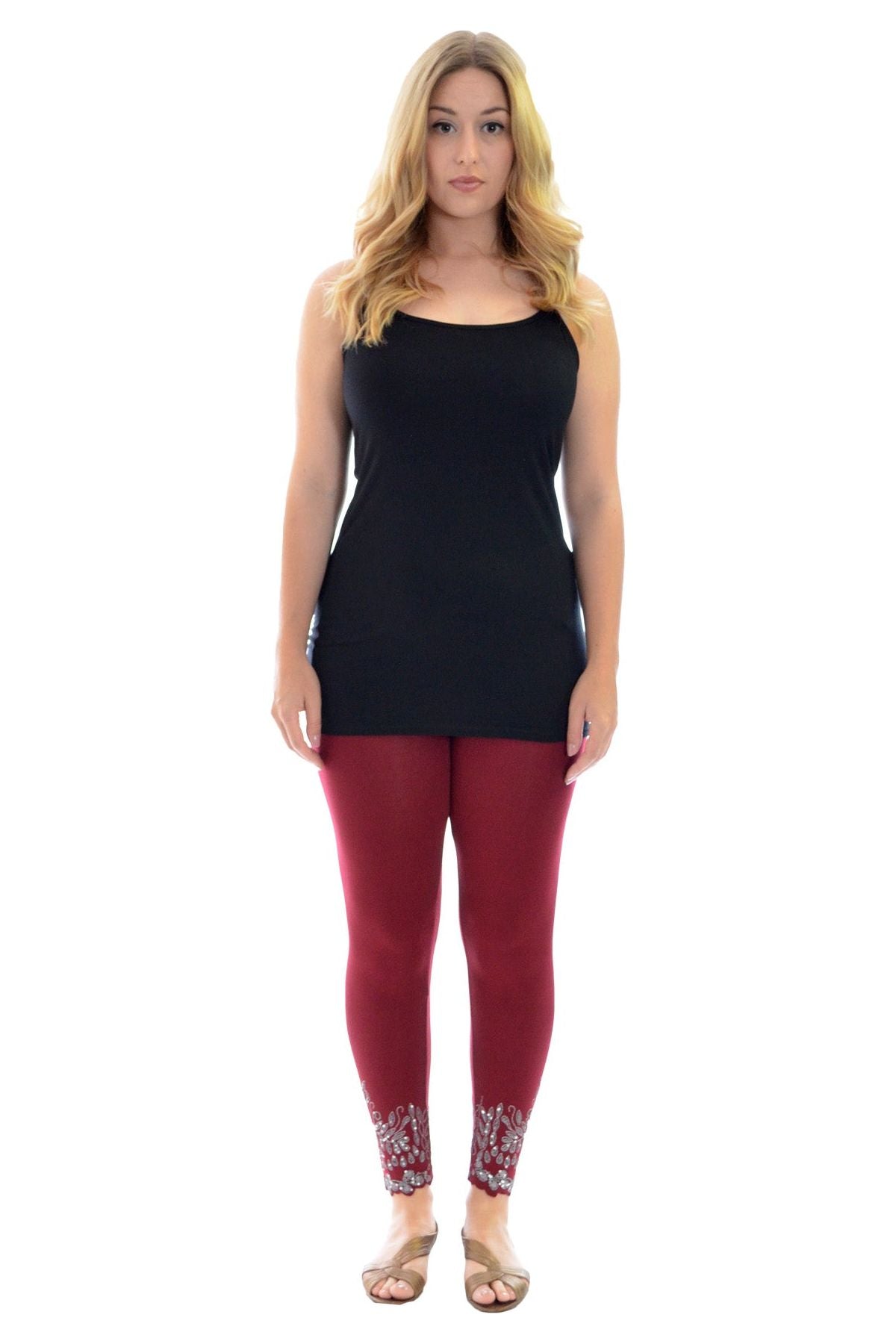 Dark Brown Plus Size Sequin Scallop Beaded Flower Petal Leggings For Women 16-18 - Dropwear