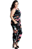 Black Plus Size Trouser Sleeveless Scoop Neck Floral Print Jumpsuit For Women 16 - Dropwear