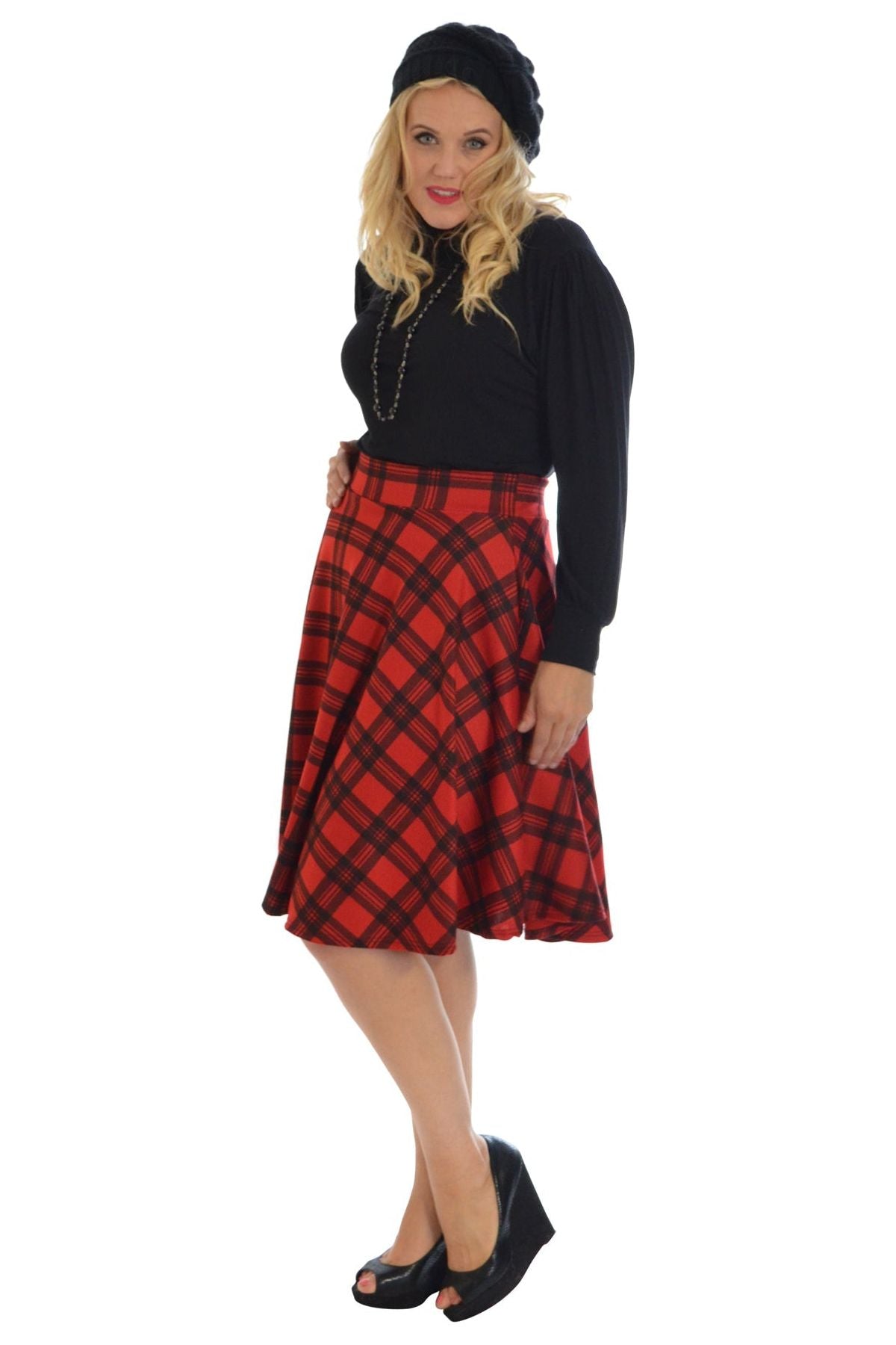 Charcoal Tartan Flared Elastic Waist Skater Skirt For Women 16 - Dropwear
