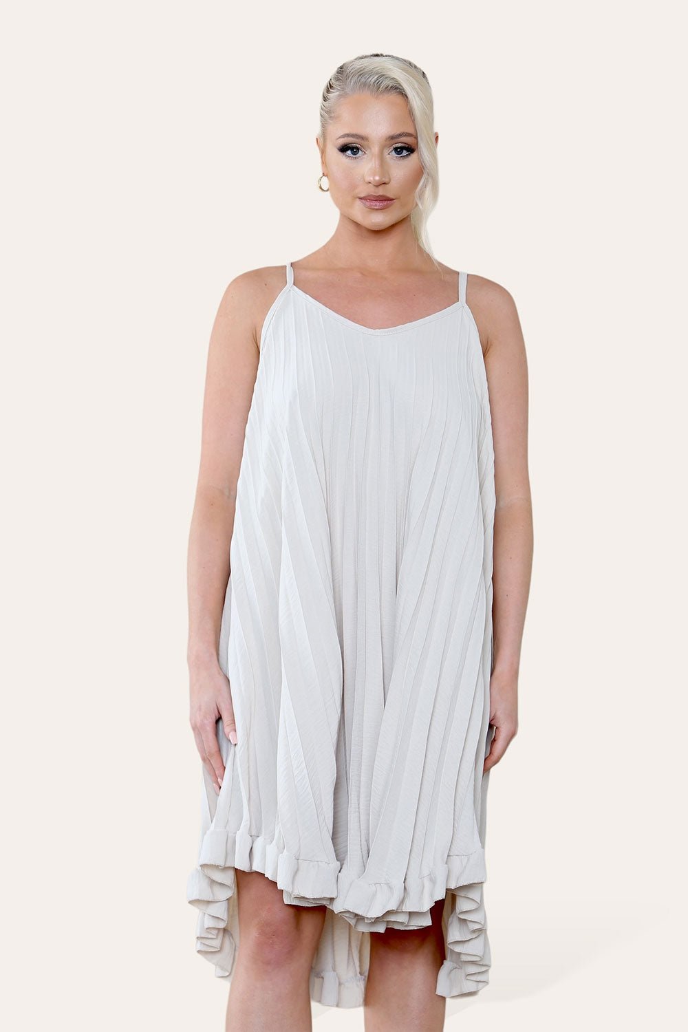 Beige Curve Pleated Ruffle Frilly Spaghetti StrapÂ Dress For Women ONE SIZE UK FIT (8-16) - Dropwear