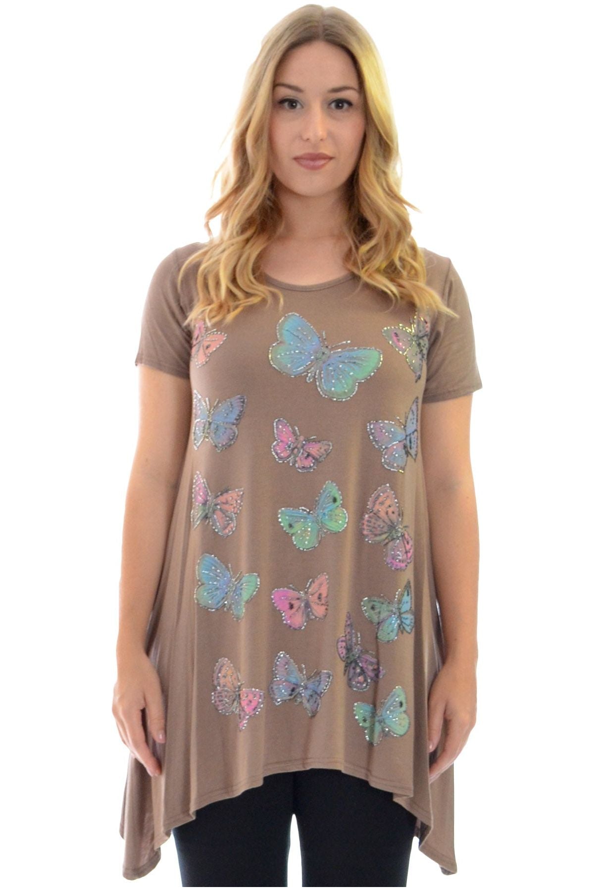 Orange Butterfly Hanky Hem Short Sleeve Top For Women 22-24 - Dropwear