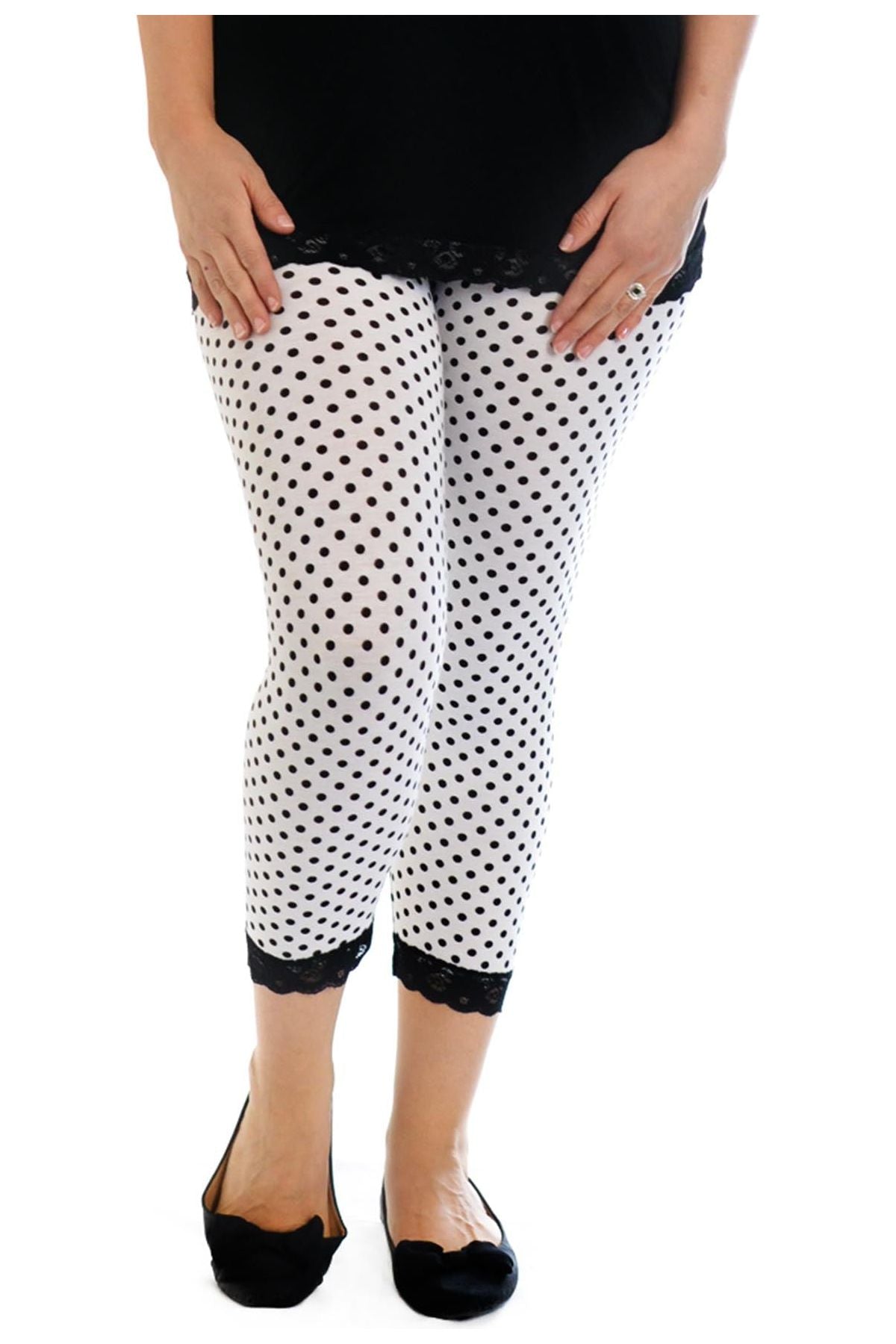 Polka Dot White Plus Size Cropped Polka Dot Lace Trim Leggings For Women 16-18 - Dropwear