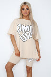 Love Slogan Cycling Shorts and T-Shirts Co-Ords Sets For Women BLACK - Dropwear