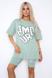 Amour Slogan Cycling Shorts and T-Shirts Co-Ords Sets For Women JADE GREEN - Dropwear