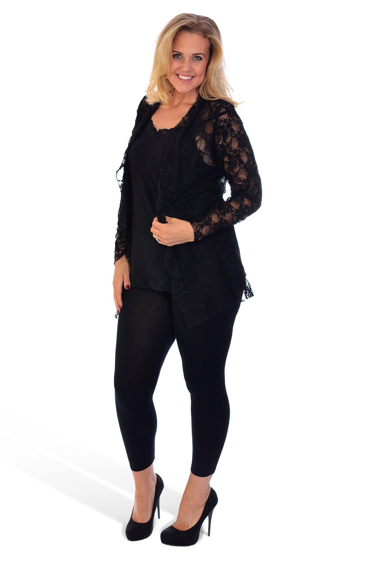 Turquoise Floral Lace Open Cardigan Waterfall Top For Women 26-82 - Dropwear