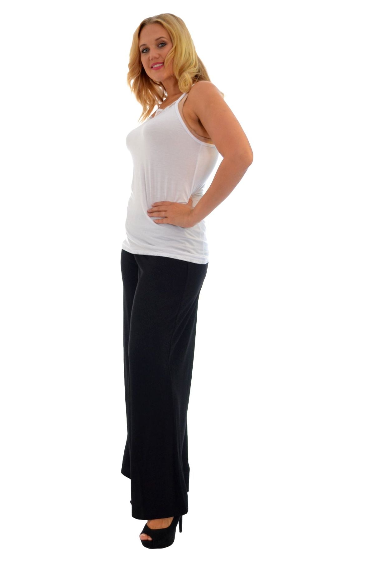 Black Wide Leg Flared Plain Palazzo Trouser For Women 8-10 - Dropwear