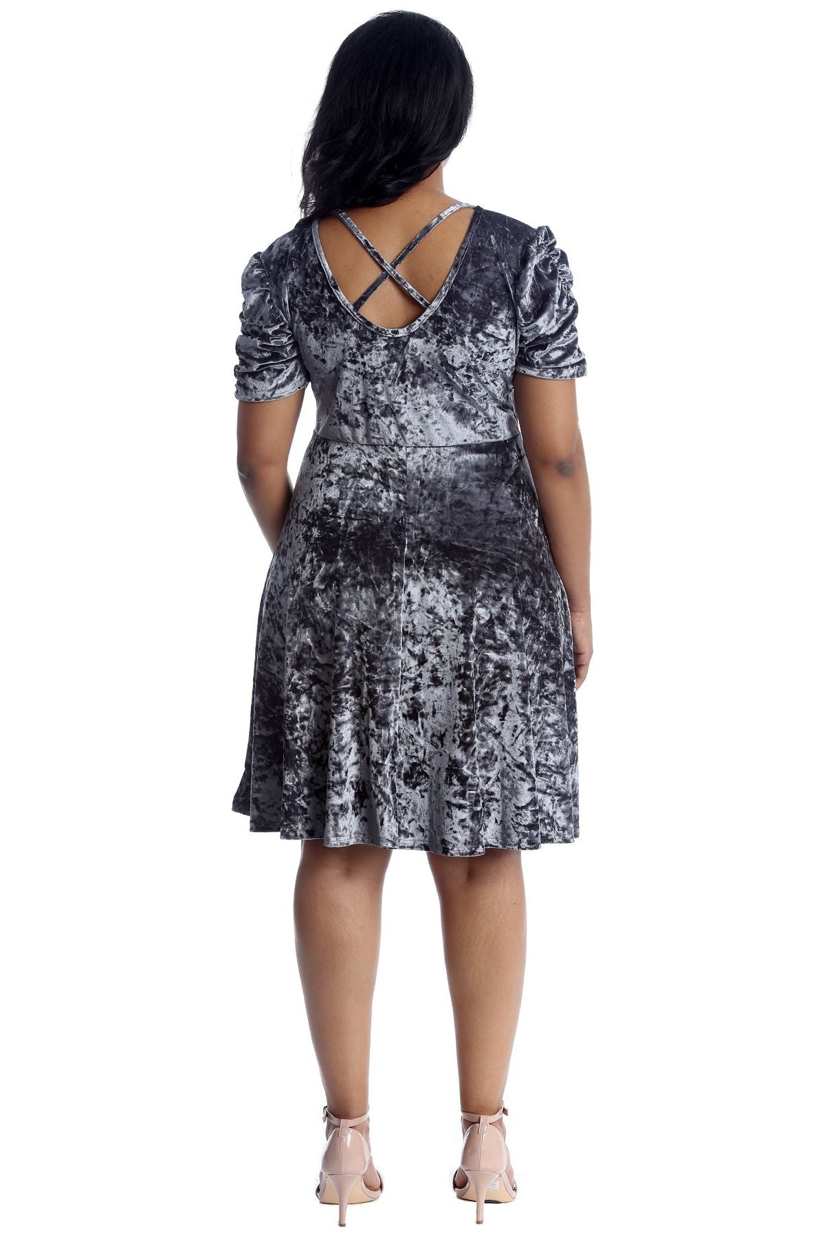 Grey Plus Size Skater Style Velvet Cross Back Dress For Women 16 - Dropwear
