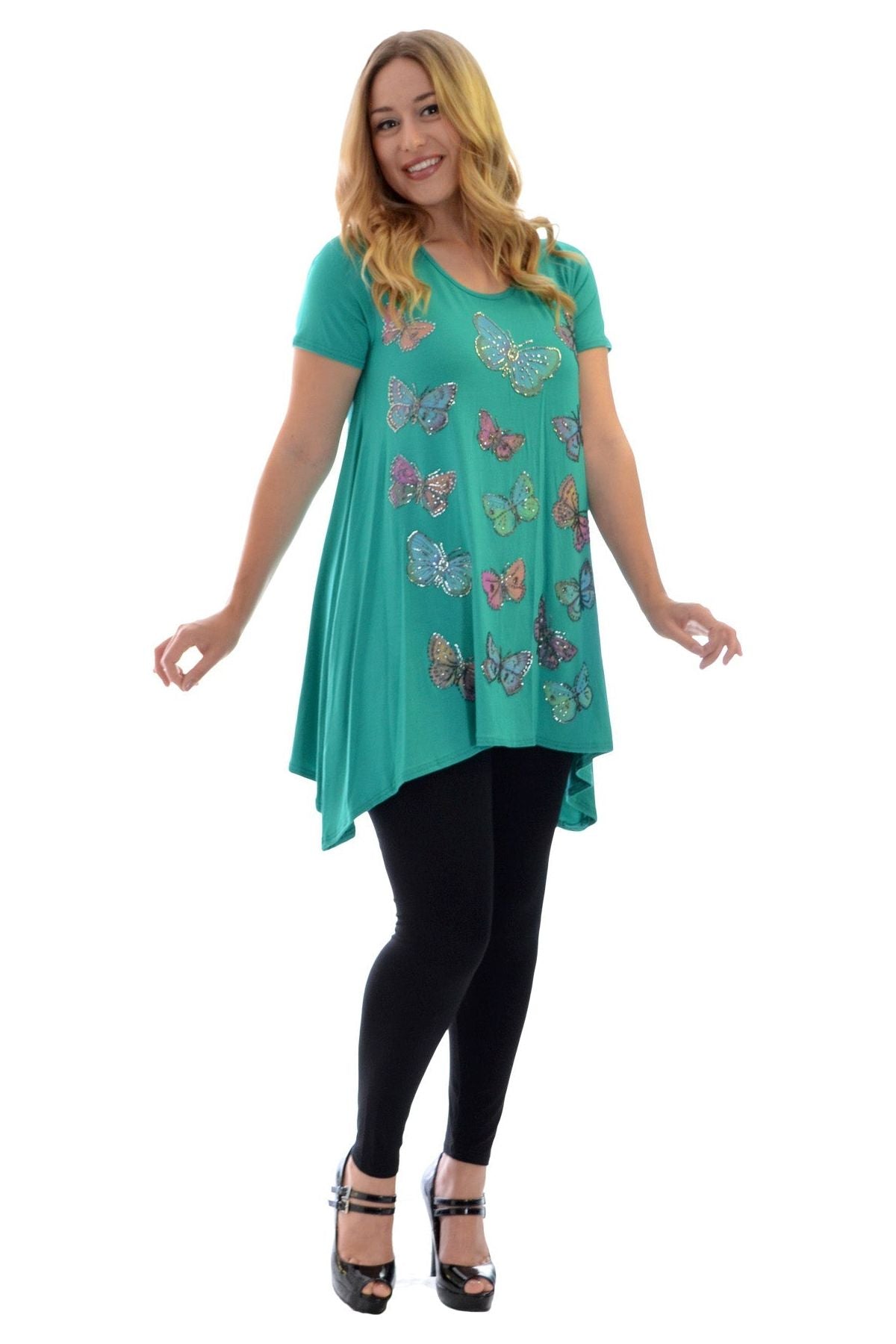 Orange Butterfly Hanky Hem Short Sleeve Top For Women 16 - Dropwear