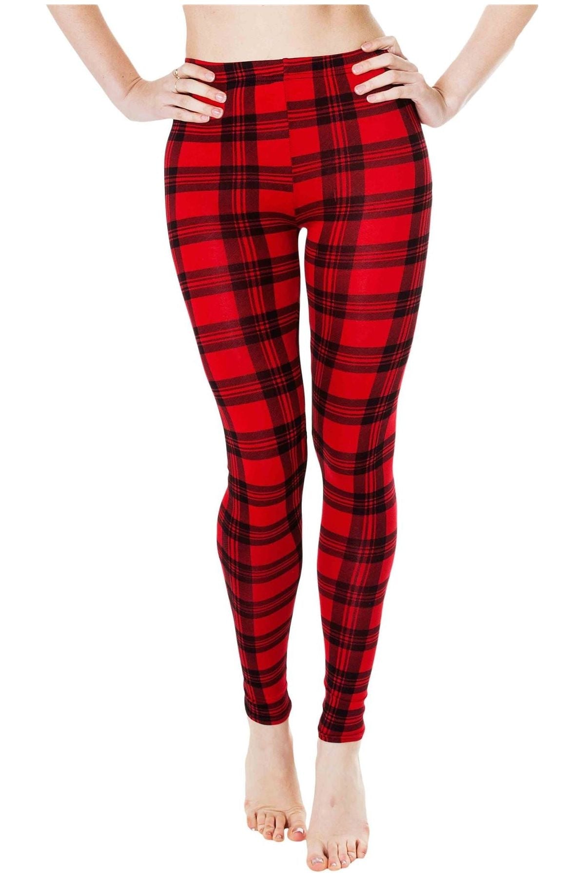 Red Tartan Check Print Long Leggings For Women 8-10 - Dropwear