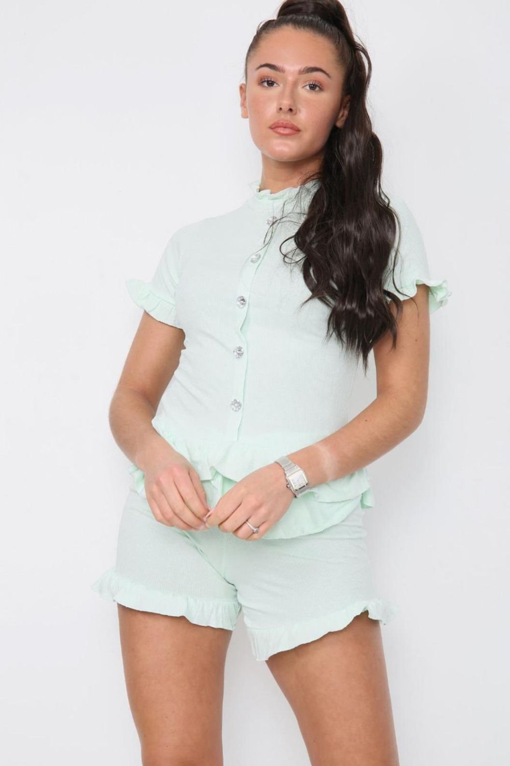 Sky Blue Diamond Frilled Edge Short Co-Ord Set For Women 12-14 - Dropwear