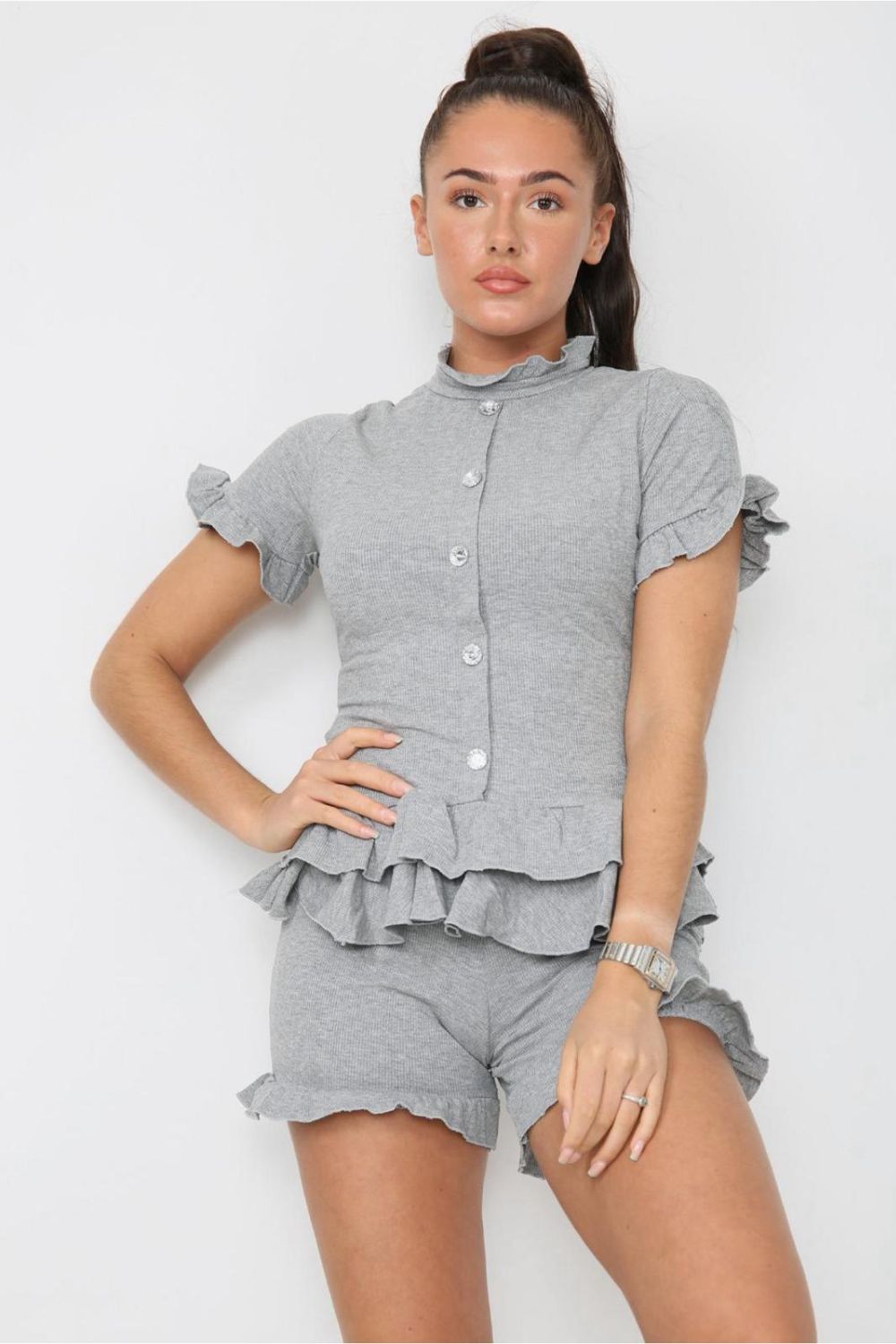 Black Diamond Frilled Edge Short Co-Ord Set For Women 12-14 - Dropwear