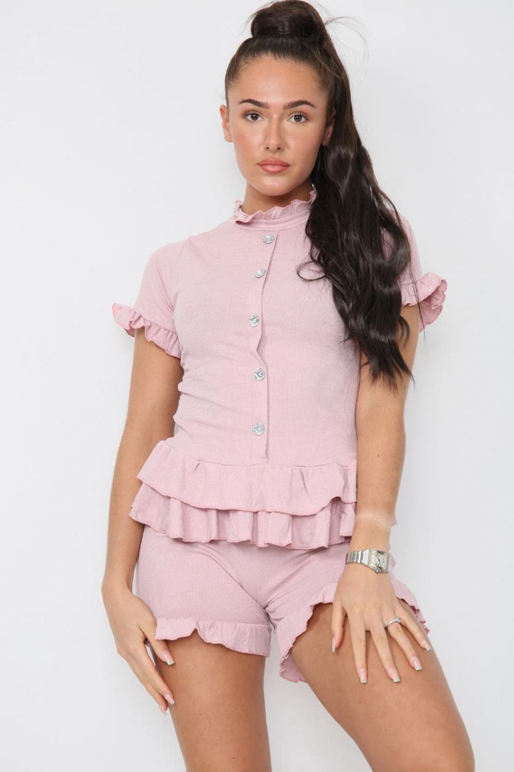 Beige Diamond Frilled Edge Short Co-Ord Set For Women 12-14 - Dropwear