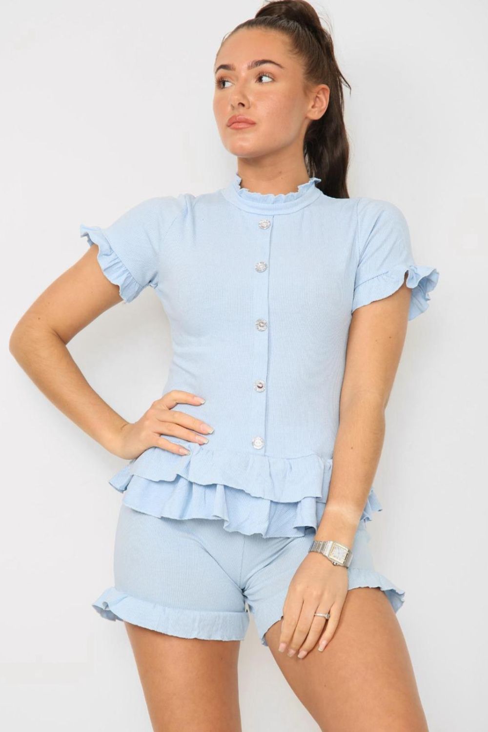 Grey Diamond Frilled Edge Short Co-Ord Set For Women 12-14 - Dropwear