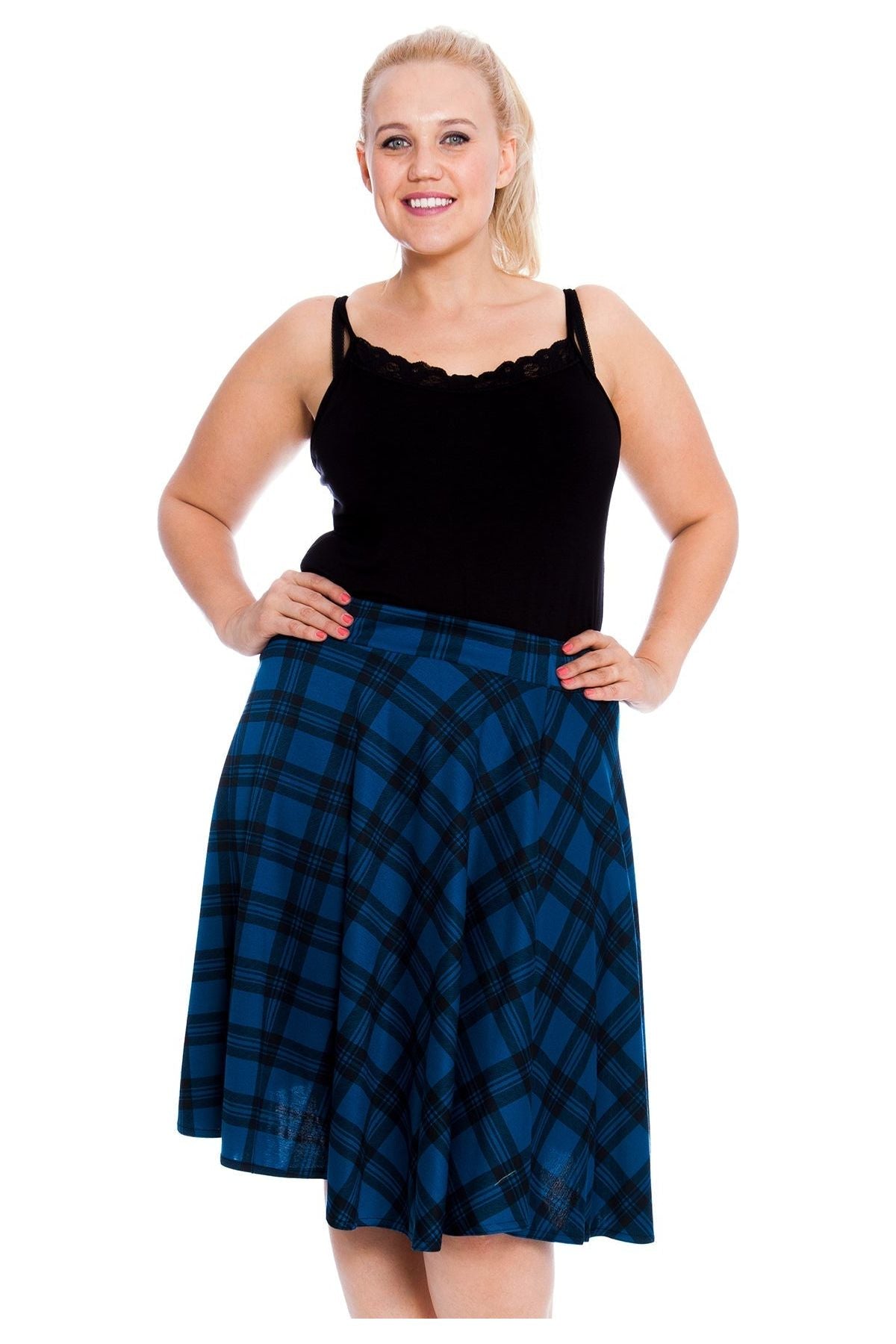 Green Tartan Flared Elastic Waist Skater Skirt For Women 18 - Dropwear